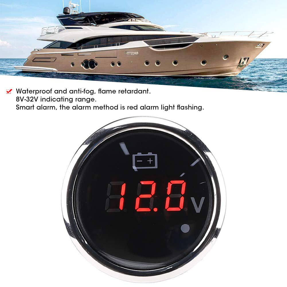 Akozon Jauge de tension de batterie Affichage numérique à LED Alarme intelligente étanche IP67 Universel pour bateau automatique 2 pouces(Noir)