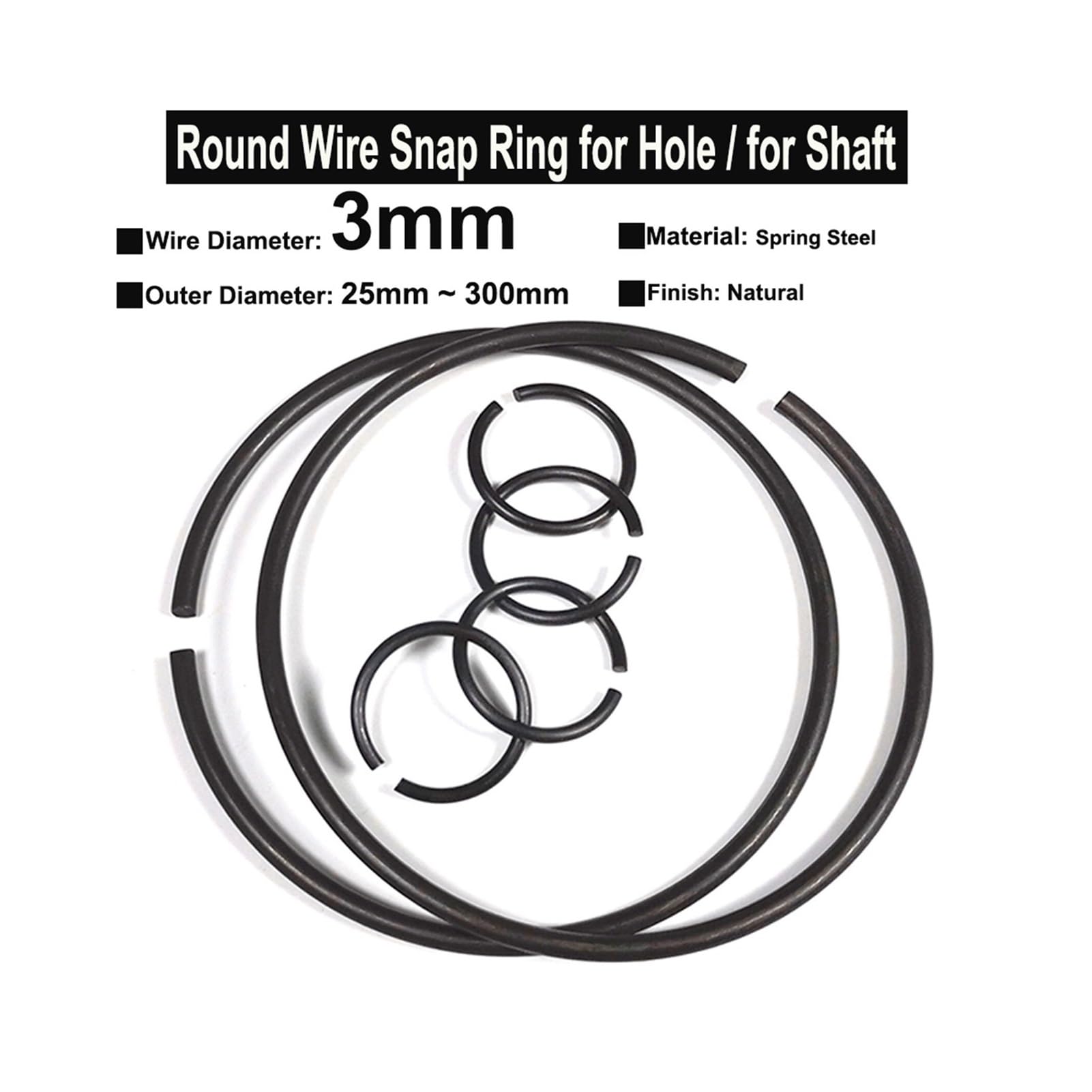 Anillos de alambre de acero con resorte, 5 uds., 3mm de diámetro for retenedores de orificios, eje OD de 25mm-300mm(3x300x20)