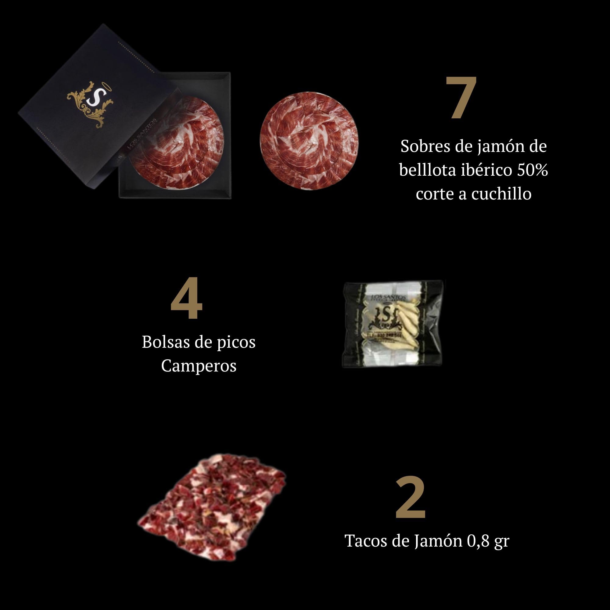 PACK Jamon 50% ibérico de bellota, corte a cuchillo redondo con taquitos de jamon y picos (7 sobres)