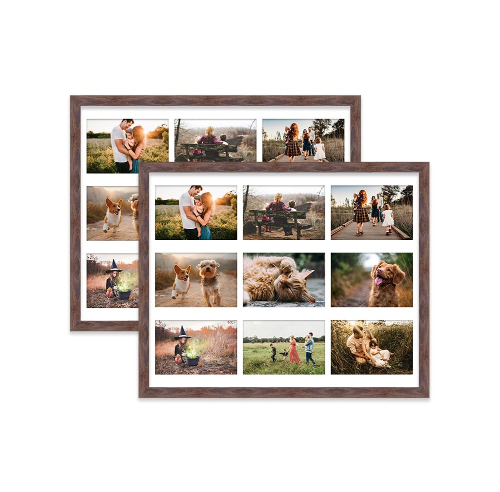 Walnut Multi Photo Frame - Holds 9 x 6x4 Pictures, Family Collage Picture Frame for Wall Display, 20x16 Frame size, Set of 2
