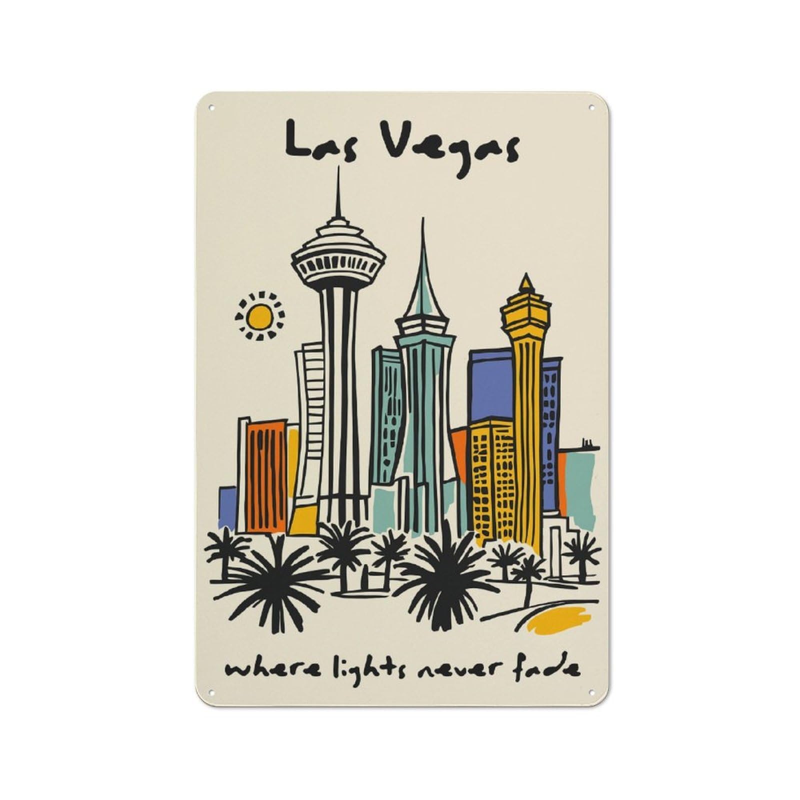 Junmoney Style-18 For Guest Room Or Hallway, Las Vegas Skyline Illustration Vintage Metal Sign 30X20cm, New-Space Wall Decor For Home Decor Collectors