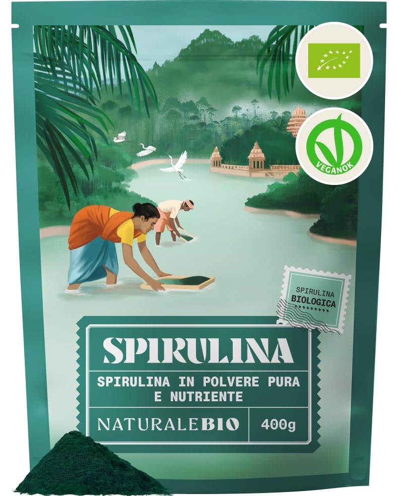 NaturaleBio Alga Spirulina Biologica in Polvere 400g. Bio, Naturale e Pura, Coltivata nelle regioni Tropicali dell'Asia. Ideale in Bevande, frullati o per Ricette. Adatta a Vegetariani e Vegani.