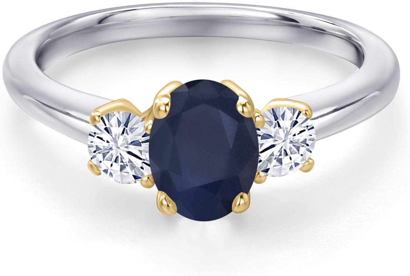Gem Stone King 925 Silver and 10K Yellow Gold Blue Sapphire and White Moissanite Engagement Ring For Women | 1.32 Cttw | Oval 7X5MM | Gemstone September Birthstone - Image 3