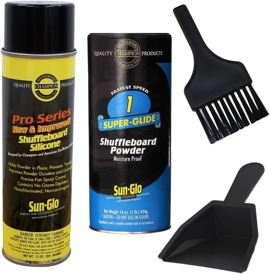 Shuffleboard Essentials Bundle: Sunglo Shuffleboard Powder - Speed #1 (Fastest), Pro Series Silicone Spray & Mini Dustpan/Brush Set