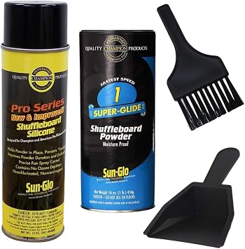 Shuffleboard Essentials Bundle Sunglo Shuffleboard Powder - Speed #1 Fastest, Pro Series Silicone Spray & Mini Dustpan/Brush Set