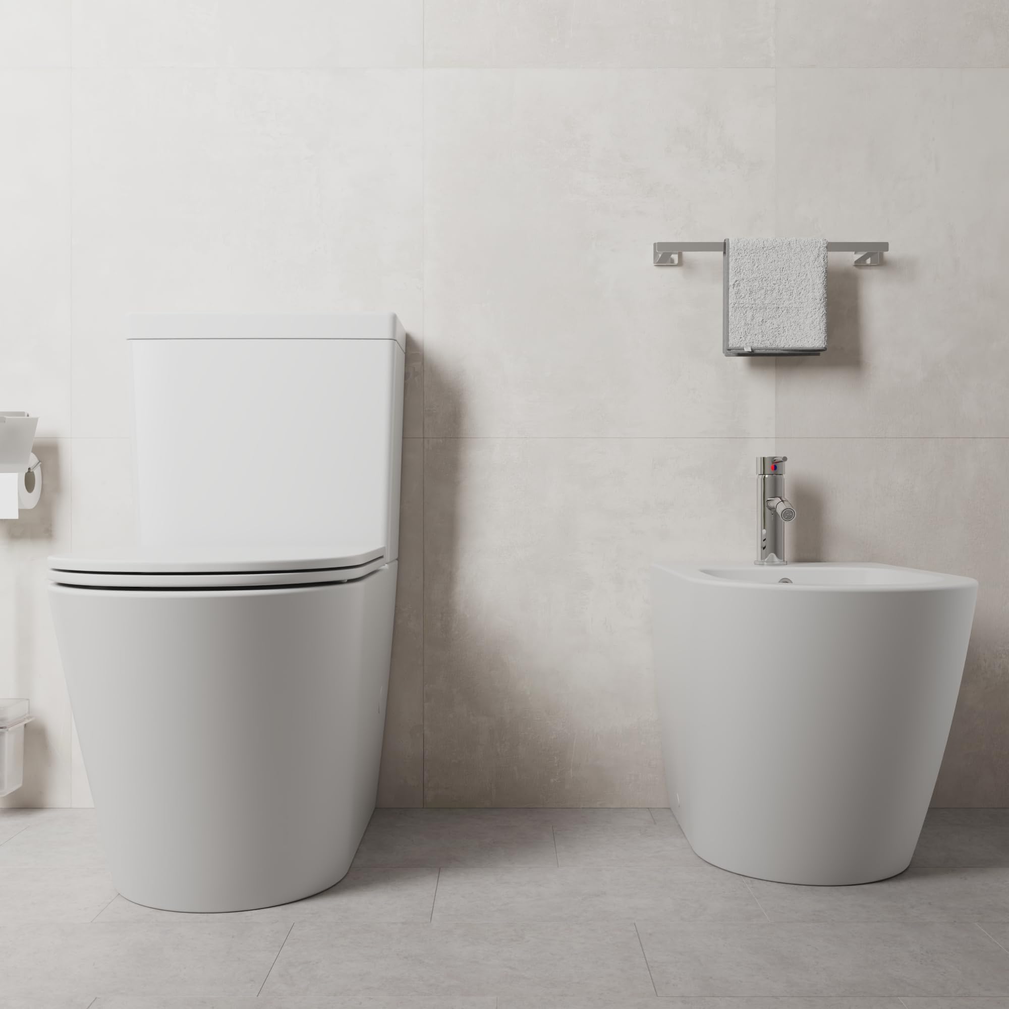 Coppia di sanitari filomuro vaso monoblocco rimless e bidet bianco opaco | Vienna