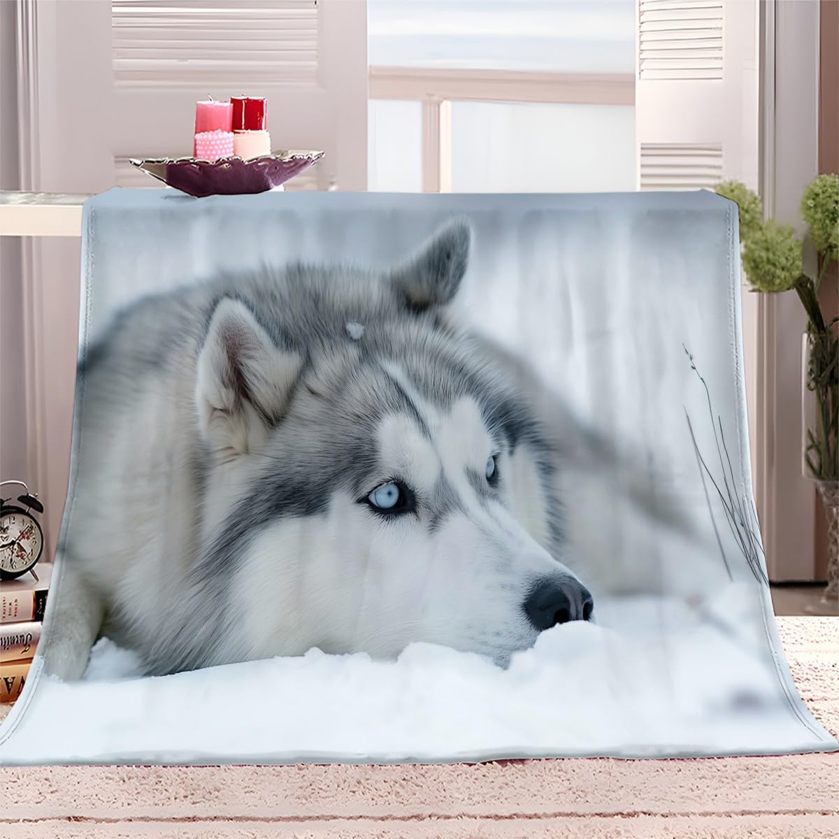 Générique Plaid Couverture Polaire Flanelle Husky des Neiges 180x220 cm Imprimé 3D Couverture de Canapé Jeté de Lit Couverture de Voyage Douce et Chaude pour Adulte et Enfants