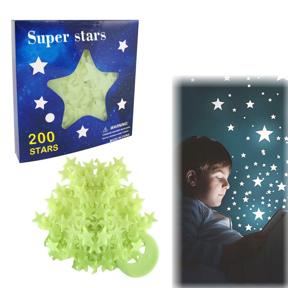 201 PiècesÉtoiles et Lune Kit 3D Phosphorescentes Adhésives Fluorescentes pour Décoration Murale Lumineuse Idéal mur Plafond Cadeau Bébé Enfant Etoile Phosphorescente Plafond