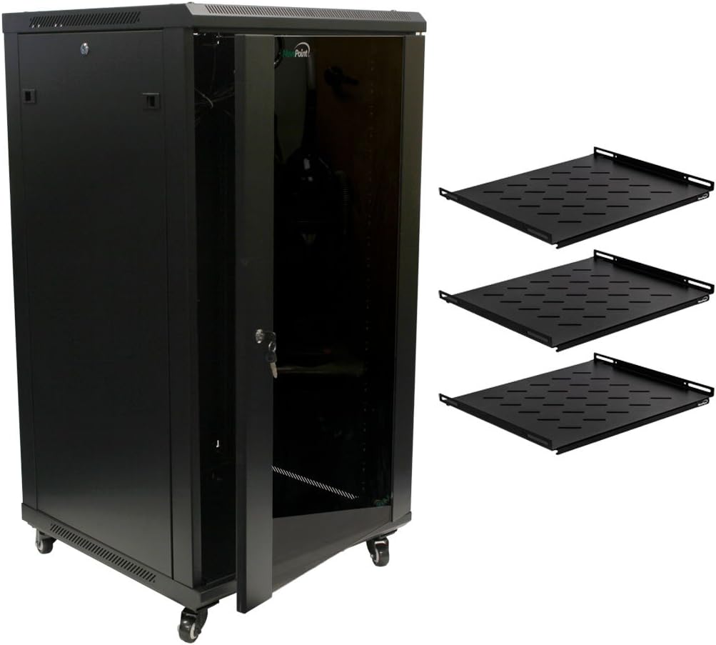 NavePoint 22U Server Rack Enclosure with Shelves, Caster Wheels, 2 Fans, Locking Glass Door, Removable Side Panels โ 22U Network Cabinet 23.6โ Deep, 19โ Server Rack for A/V Equipment