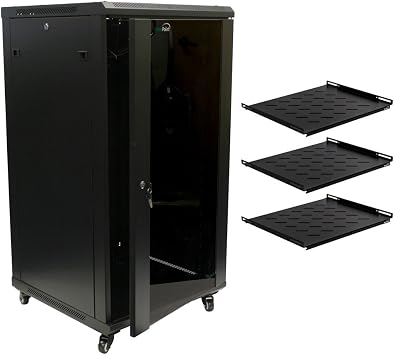 NavePoint 22U Server Rack Enclosure with Shelves, Caster Wheels, 2 Fans, Locking Glass Door, Removable Side Panels 22U Network Cabinet 23.6 Deep, 19 Server Rack for A/V Equipment