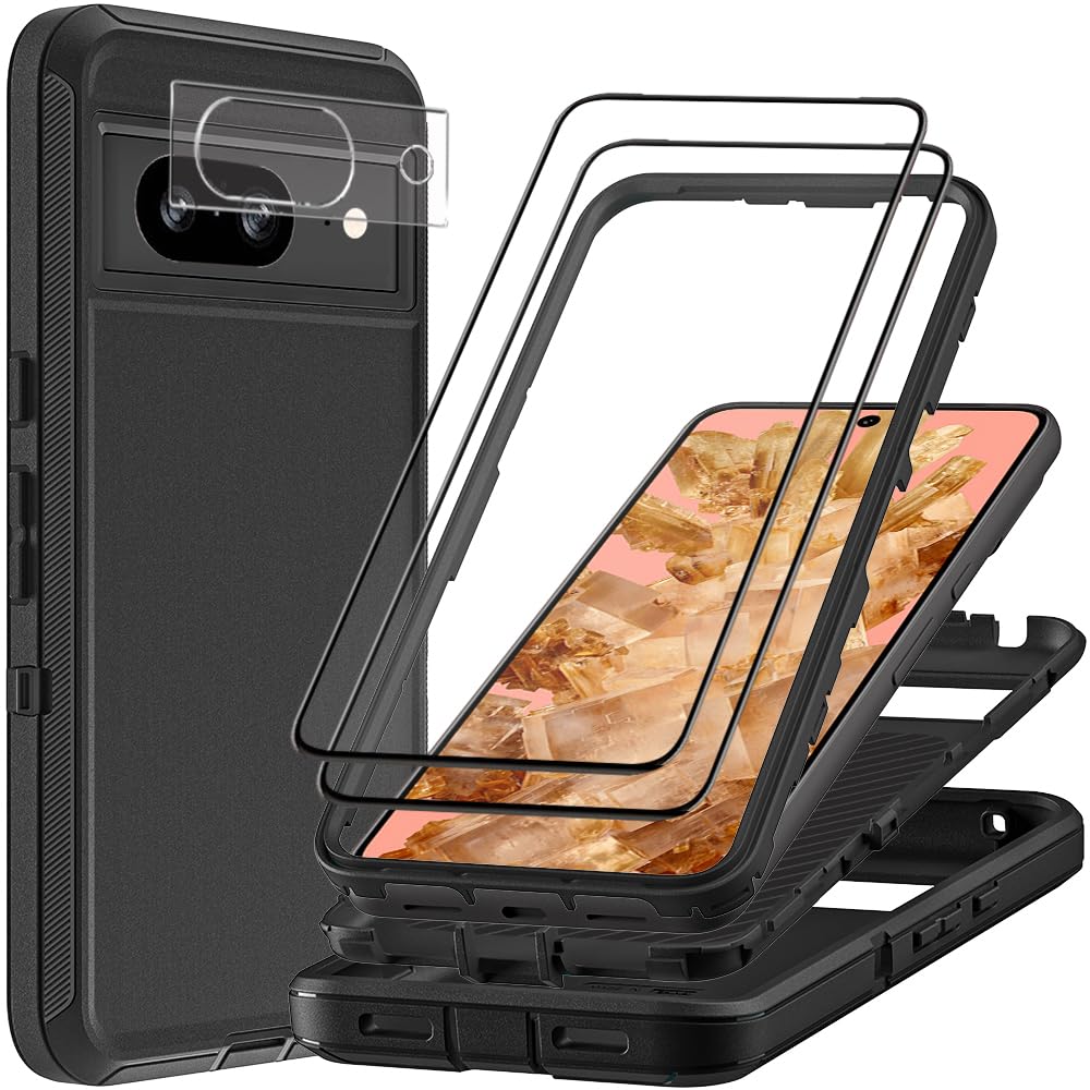 TFDSEUGH for Google Pixel 8 Case with 2Pcs Tempered Glass Screen Protector and 1Pcs Camera Lens Protector, Military Grade 3 in 1 Heavy Duty Shockproof