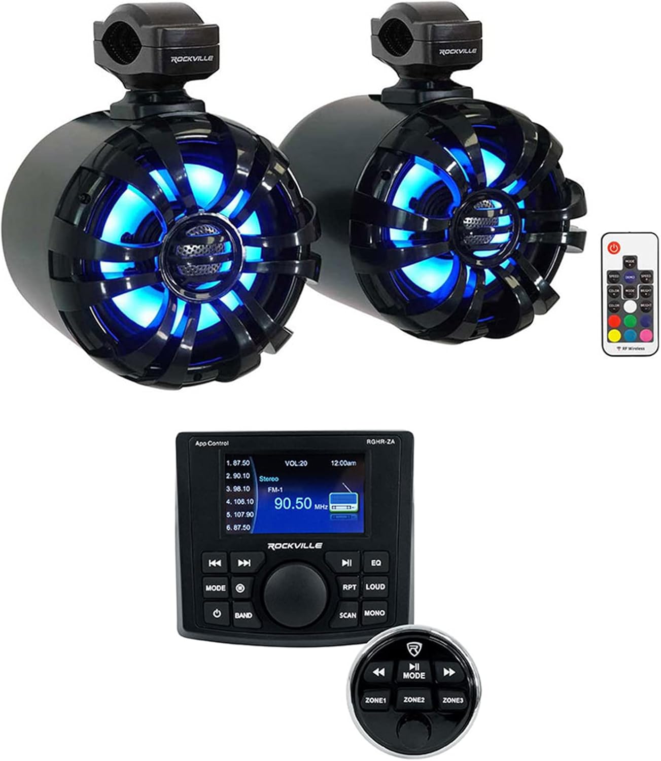 Rockville Marine Audio Bundle: (2) WB65KLED Black 6.5" 300W Peak LED Wakeboard Tower Speakers, RGB Lighting with RGHR-ZA 4 Zone Marine Gauge Hole Receiver, Bluetooth, App Control, Remote, 3-Items
