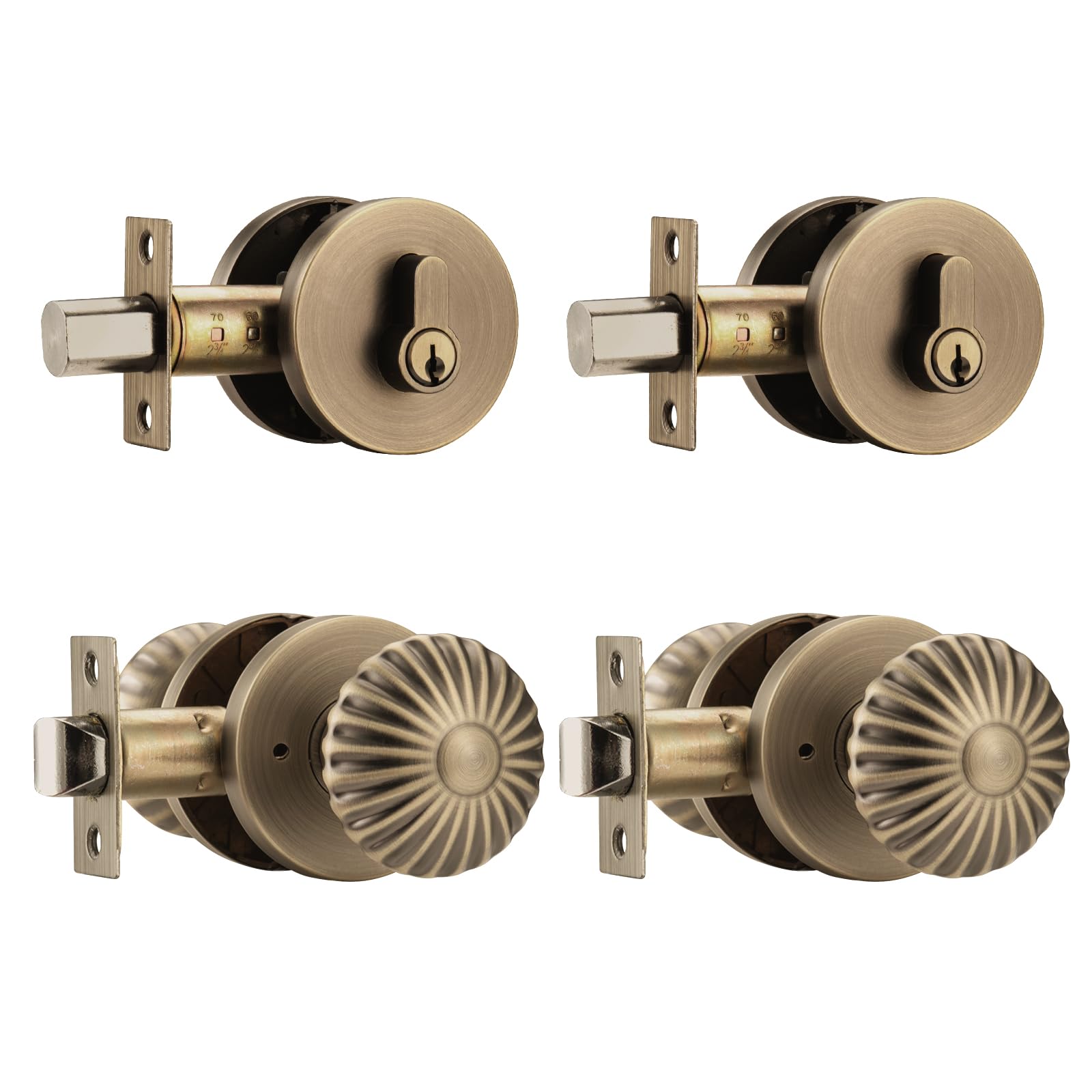 Ncsen Antique Brass 2 Pack Exterior Door Lock Set, Front Door Knob With Deadbolt