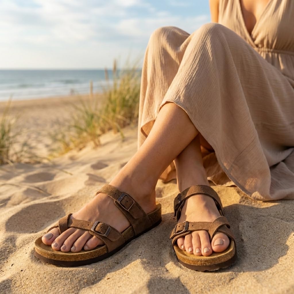 CUSHIONAIRE Luna Sandals for Women, Cork Footbed Womens Sandals for Summer Comfort with Adjustable Straps, Wide Width Available - Image 6