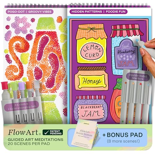 Lifelines FlowArt Activity Pads 2-Pack & Bonus Pad - Guided Art Meditations - 2 Sets of Markers & 48 Scenes - Hidden Patterns & Pogo-Dot Coloring Books for Tweens Adults & Seniors - Patent-Pending