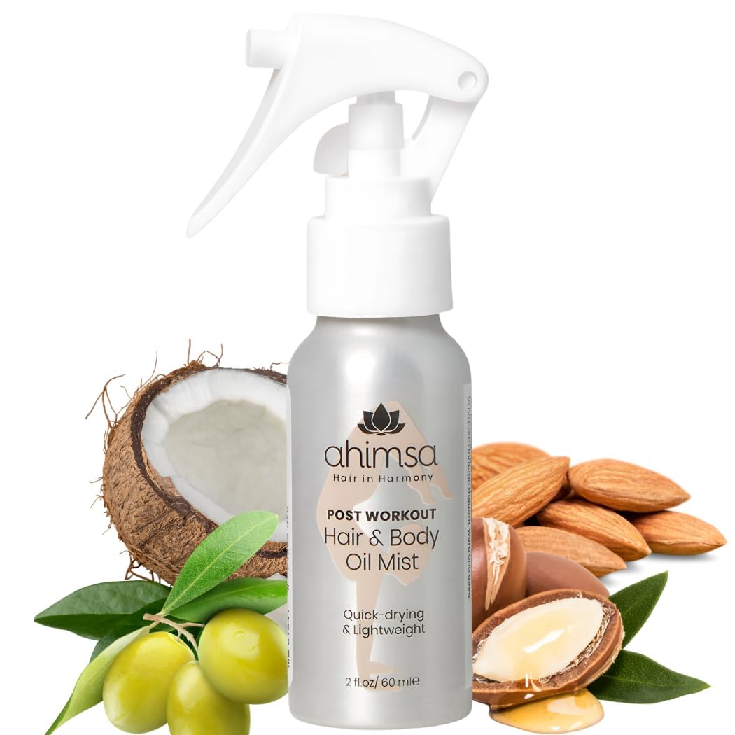 Ahimsa Vegan Hair Oil Spray & Body Glow Oil – Fast-Drying, Non-Greasy with Coconut, Amla & Argan Oils – Dry Oil for Shiny Hair, Soft Skin – Natural, Silicone-Free, Cruelty-Free