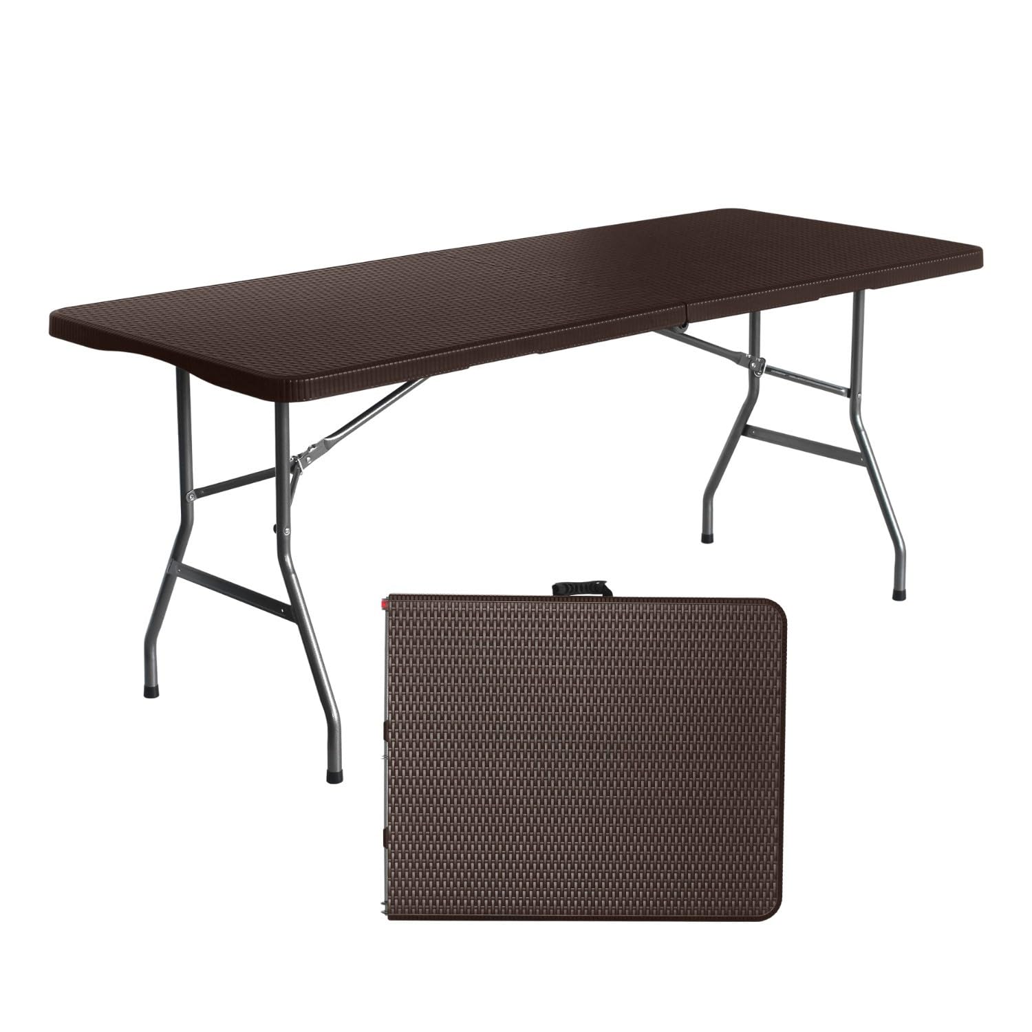 7H SEVEN HOUSE Conjunto Plegable Mesa con 2 Bancos de 180cm Catering Marrón Efecto Ratán 7house