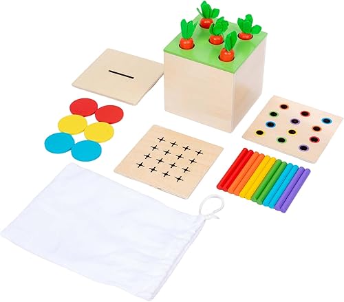 Caja de juego Montessori 4 en 1 Juego de hisopos de algodón para habilidades motoras finas, caja de monedas, juego de cosecha de zanahoria, juego