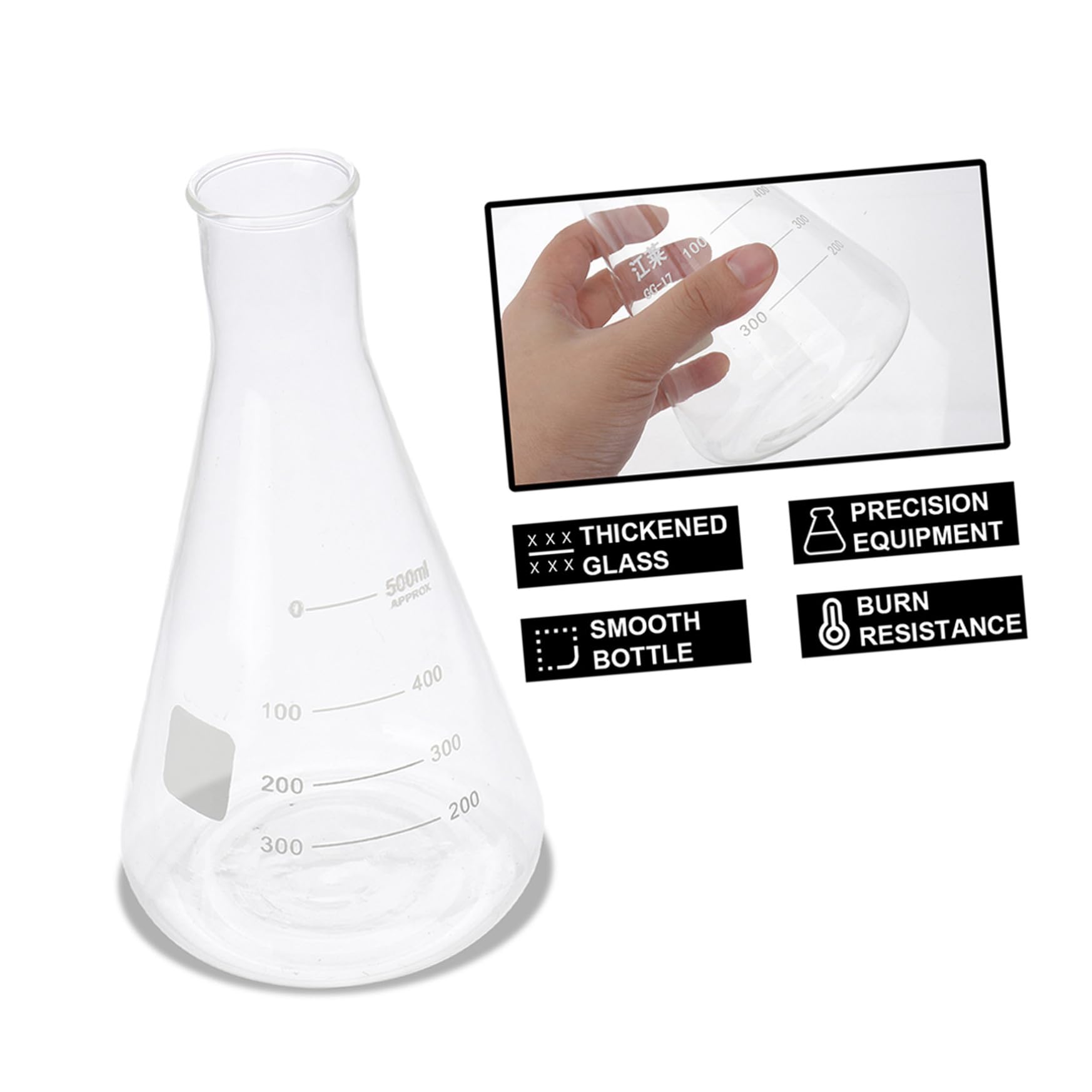 Matraz Cónico De Vidrio De Borosilicato 500 Ml, Set De 4 Matraces De Laboratorio Espesados Para Experimentos Escolares y Químicos, Graduación Clara y Resistente Al Calor