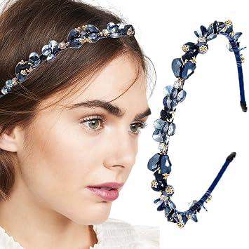 Blue Headbands Rhinestones Thin Hair Bands Sparkle Crystal Beaded Head Bands for WomenBlue