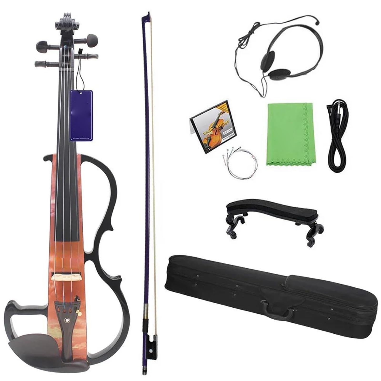 Początkujący Skrzypce 4/4 Ciche Skrzypce Elektryczne Profesjonalne Instrumenty Muzyczne Z Podpórką Na Ramię Słuchawki(05 Orange)