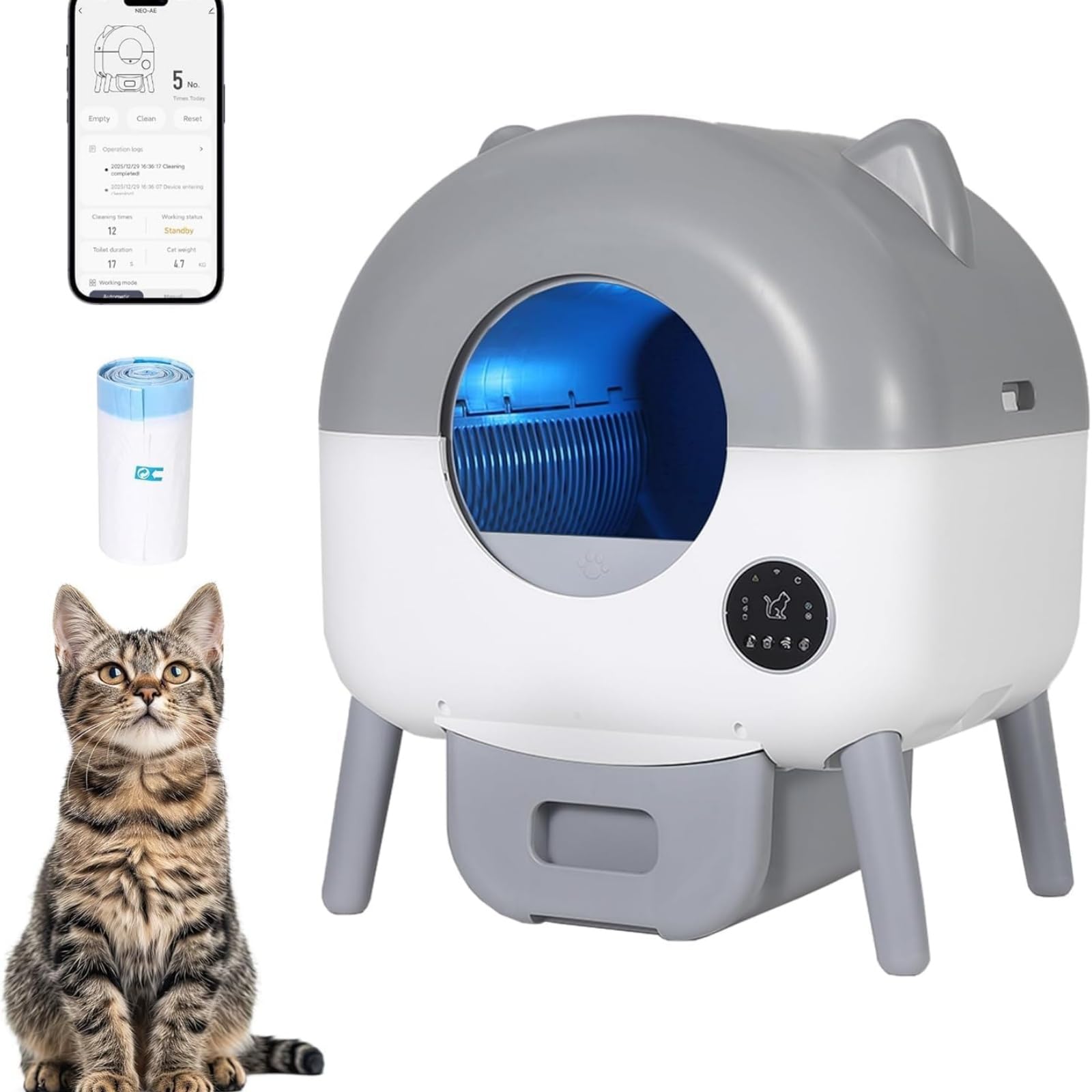 Selbstreinigendes Katzenklo mit App-Steuerung | Automatisches Katzenklo für Mehrfachkatzen, geruchsfrei, leise, großes Fassungsvermögen, mit eingebautem LED-Licht, Sicherheitssensoren