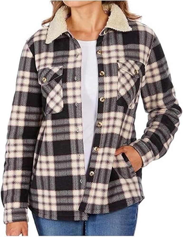 Women's Long Sleeve Plaid Fleece Jackets| Super Plush Sherpa Lined Shirt Jacket Tops with Pockets (XS, Black-Wood Rose)
