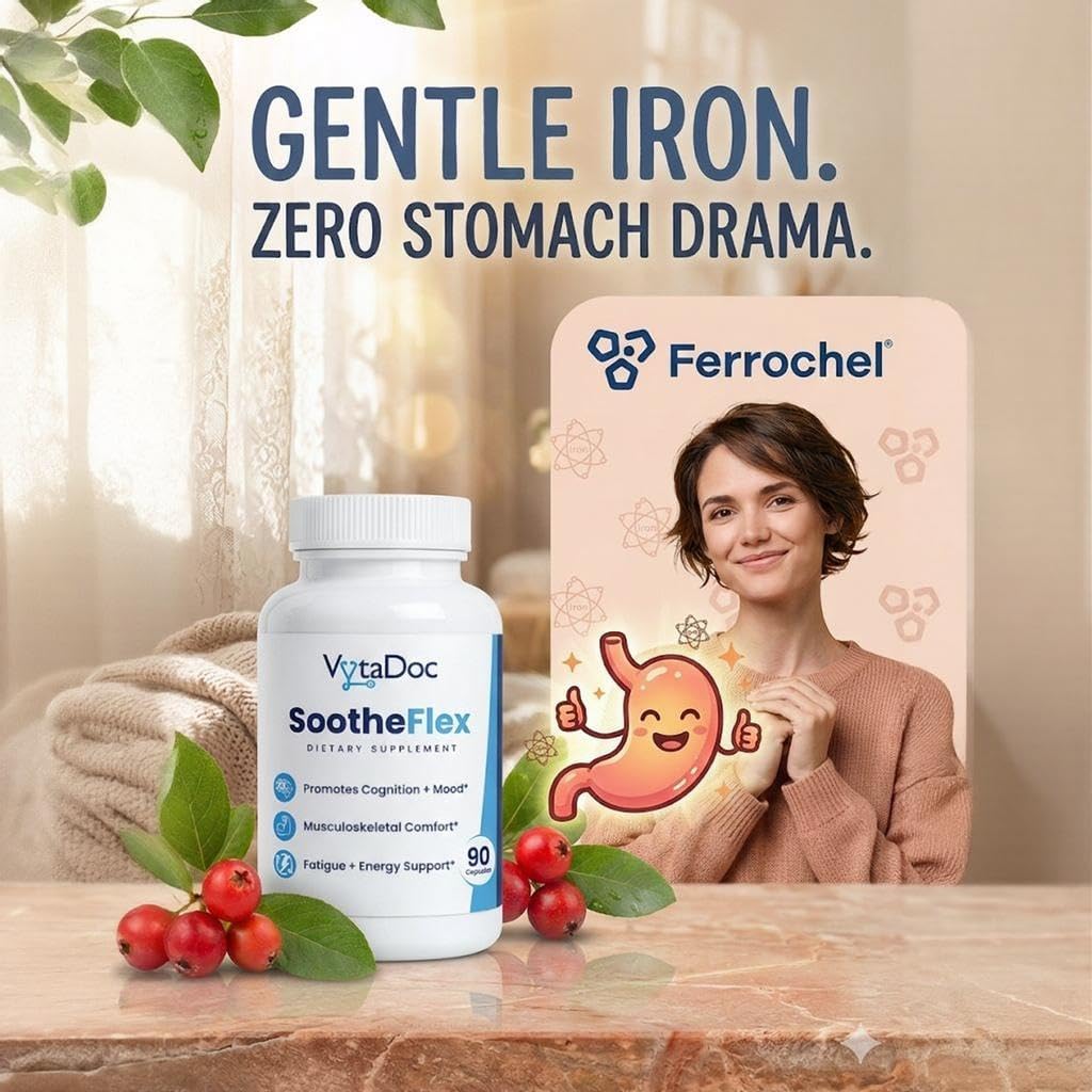 SootheFlex Joint, Energy & Mood Support for Women | Turmeric 900mg, Ferrochel® Iron, Magnesium Malate, Vitamin D3, Ginger, Selenium | 90 Capsules | Gentle Iron — Easy on Digestion