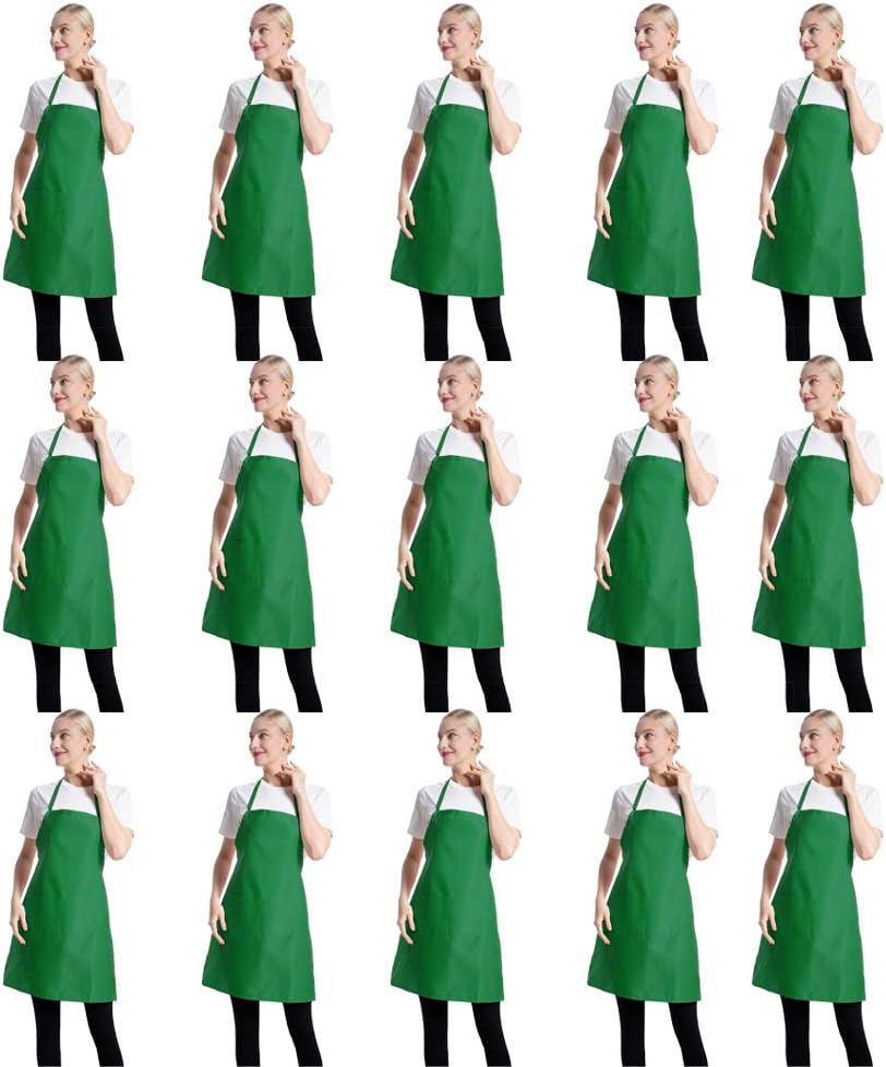 Total 15 PCS Green Plain Bib Aprons Bulk for Women Men-Unisex Adult Aprons with 2 Front Pockets (Leaf Green-15 pcs)