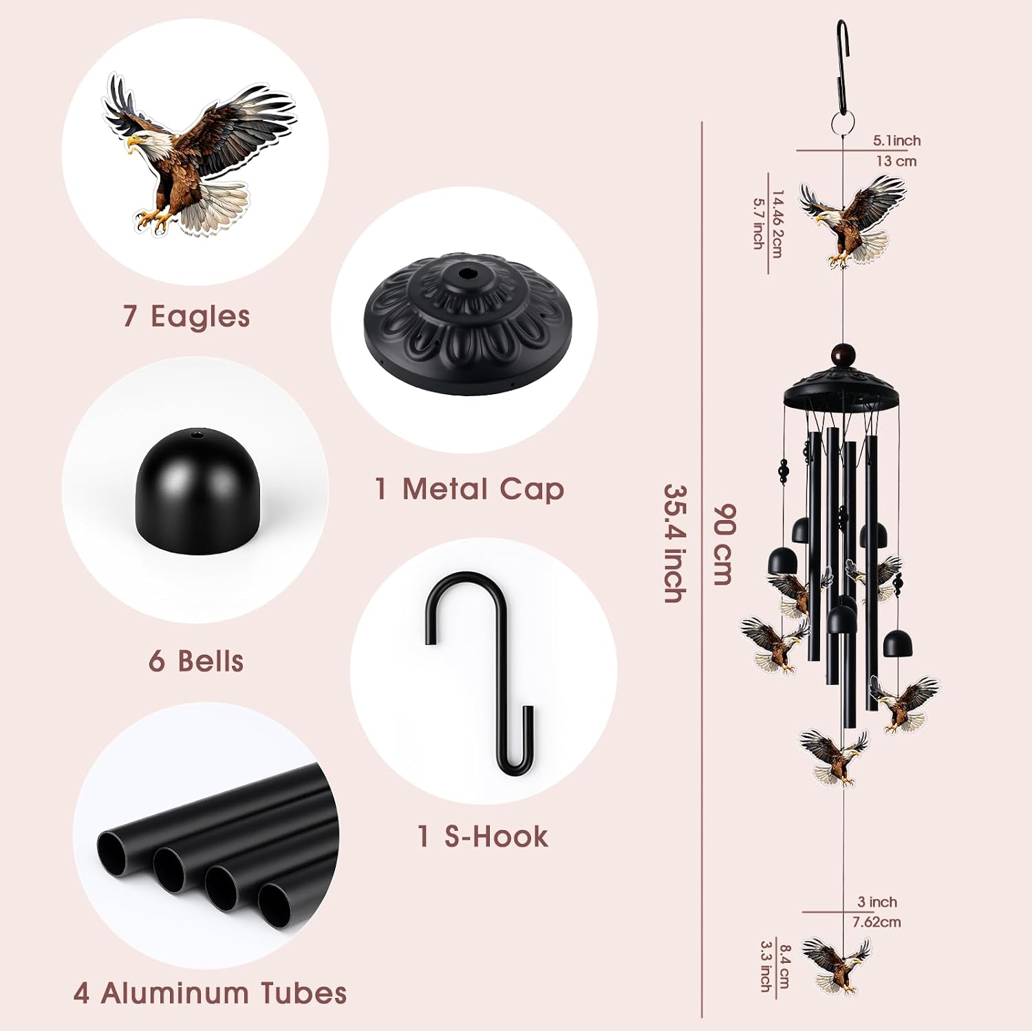 Eagle Wind Chimes for Outside, Black Metal Acrylic Windchimes Outdoors, Eagle Gifts for Women Men, Garden Yard Decor, Memorial/Birthday Gifts for Grandma Mom, Durable Chimes for Outdoors