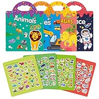 GUYUCOM 4 Pack Reusable Sticker Books, Toys for Age 3 4+ Year Old Kids Boys Girls Toddlers, 3D Clear Animal Space Vehicles Dinosaur Sticker Book Educational Learning Toy Birthday Gifts