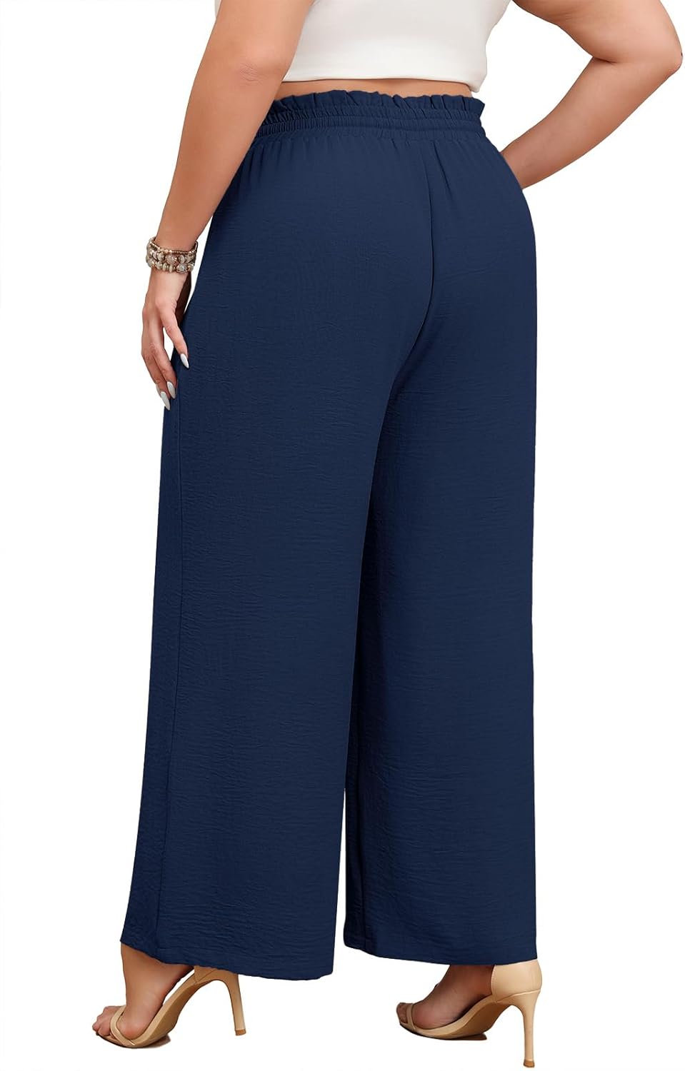 Lastshe Plus Size Wide Leg Pants for Women Elastic High Waisted Drawstring Loose Lounge Long Palazzo Trousers with Pockets - Image 2