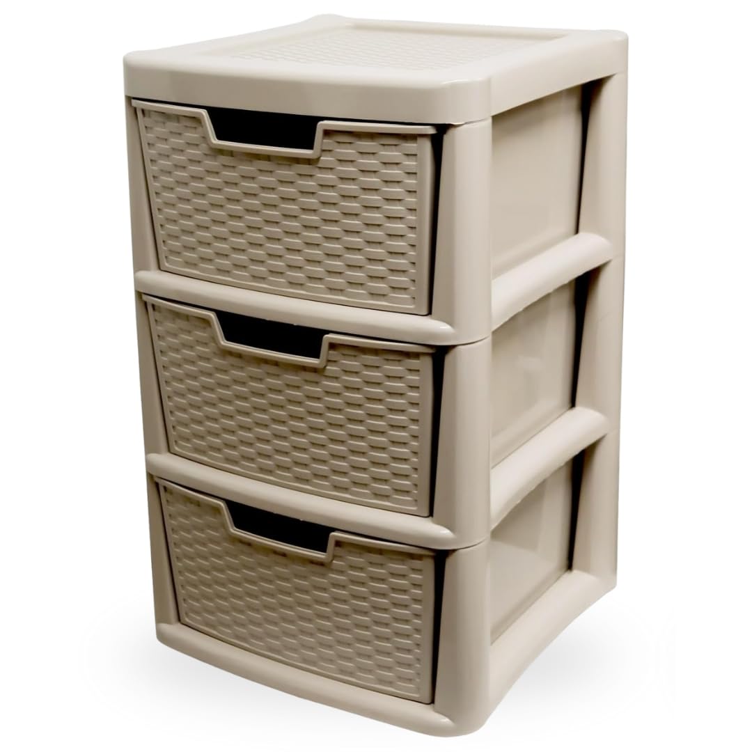 KYY'Z Large Drawer Storage Unit Tower Rattan Effect Large Organizer Chest Tower Unit Cabinet Trolley Home Bedroom Kitchen Office School Garage 39 (D) x 39 (W) x 62 (H) cm (Mushroom, 3 Tier)