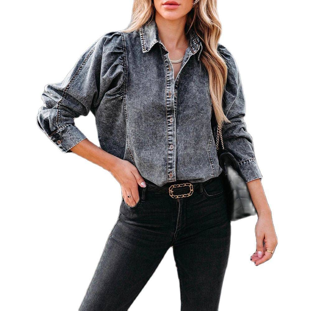 MIDJ Elegantes Lässiges Langarm-Top,Damenmode Vintage Puffärmel Jeansblusen Hemd Langarm Lässige Knopfhemdjacke Schwarze Reversblusen Tunika Leichtes Jeans-Sweatshirt Für Mädchen