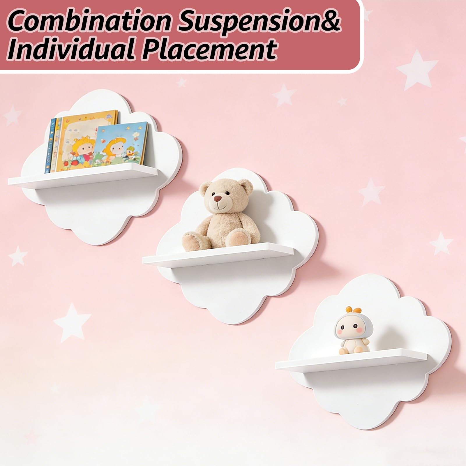 Libreria per bambini set di 3 scaffali da parete con nuvole bianco per Tonie Box