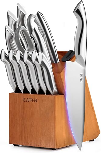 EWFEN - Juego de cuchillos de cocina de 14 piezas con bloque, cuchillos de acero inoxidable alemán con afilador de cuchillos integrado, mango