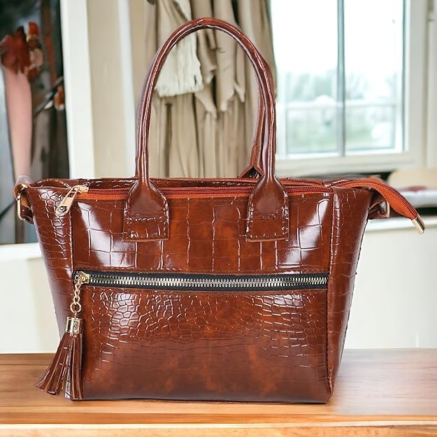 Image of Croco Pattern Premium Synthetic Leather Handbag For Women Top Handle Shoulder Bag Adjustable & Detachable Sling Strap Stylish Handbag For Ladies (Tan) (Tan)