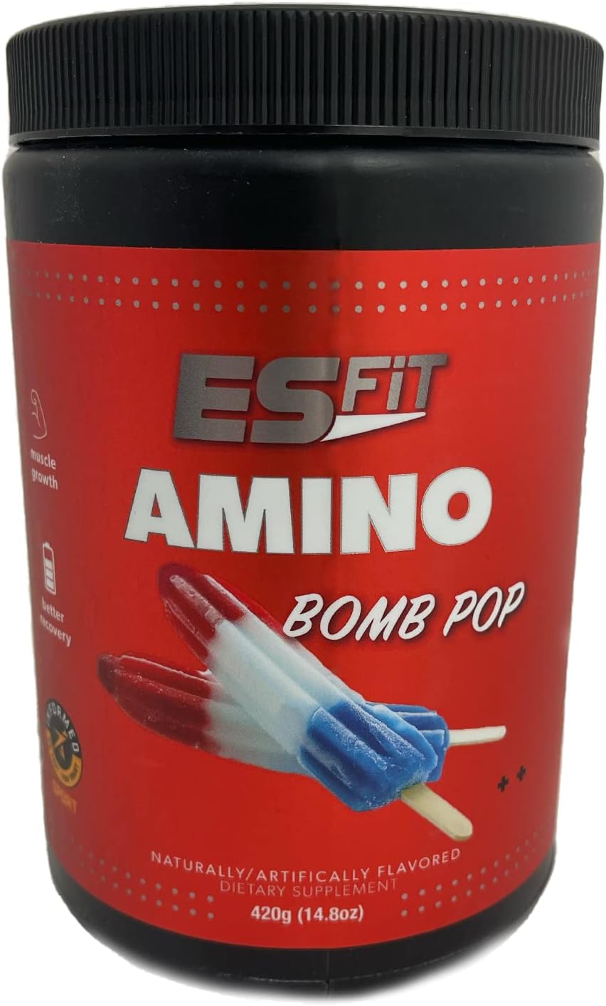 ES FitAmino Powder - Pre and Post Workout with Electrolytes - BCAA 2:1:1 Ratio, Amino Acids, Superior Taste, Tested and Certified, Bomb Pop, 30 Servings