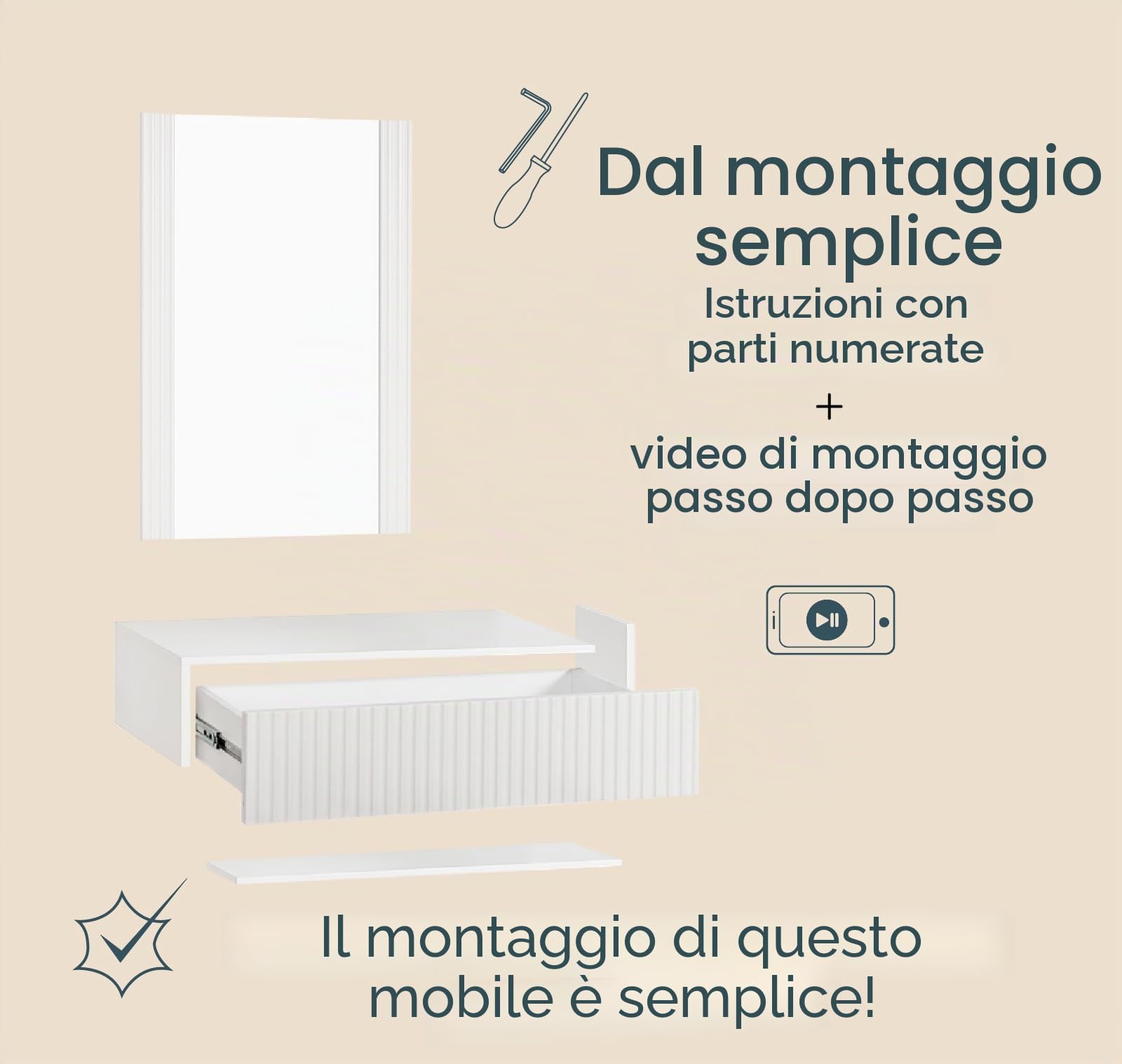 MB Muebles Bonitos, Toeletta Sospesa con Specchio Velia, Toeletta con Cassetto, Design a Scanalature, Melaminico e PVC, Colore Bianco, Ideale per Camera da Letto