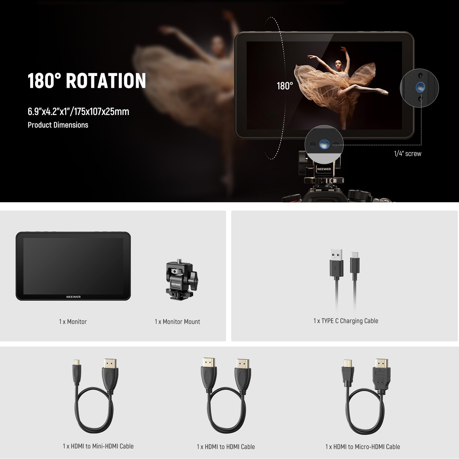 NEEWER F700 7" Camera Field Monitor, 2000nit HD 1920x1080 IPS Touch Screen with 3D LUT, 4K HDMI Loop in/Out with Peak Focus DSLR Video Assist HDR Waveform, Cold Shoe Mount, Battery Not Included