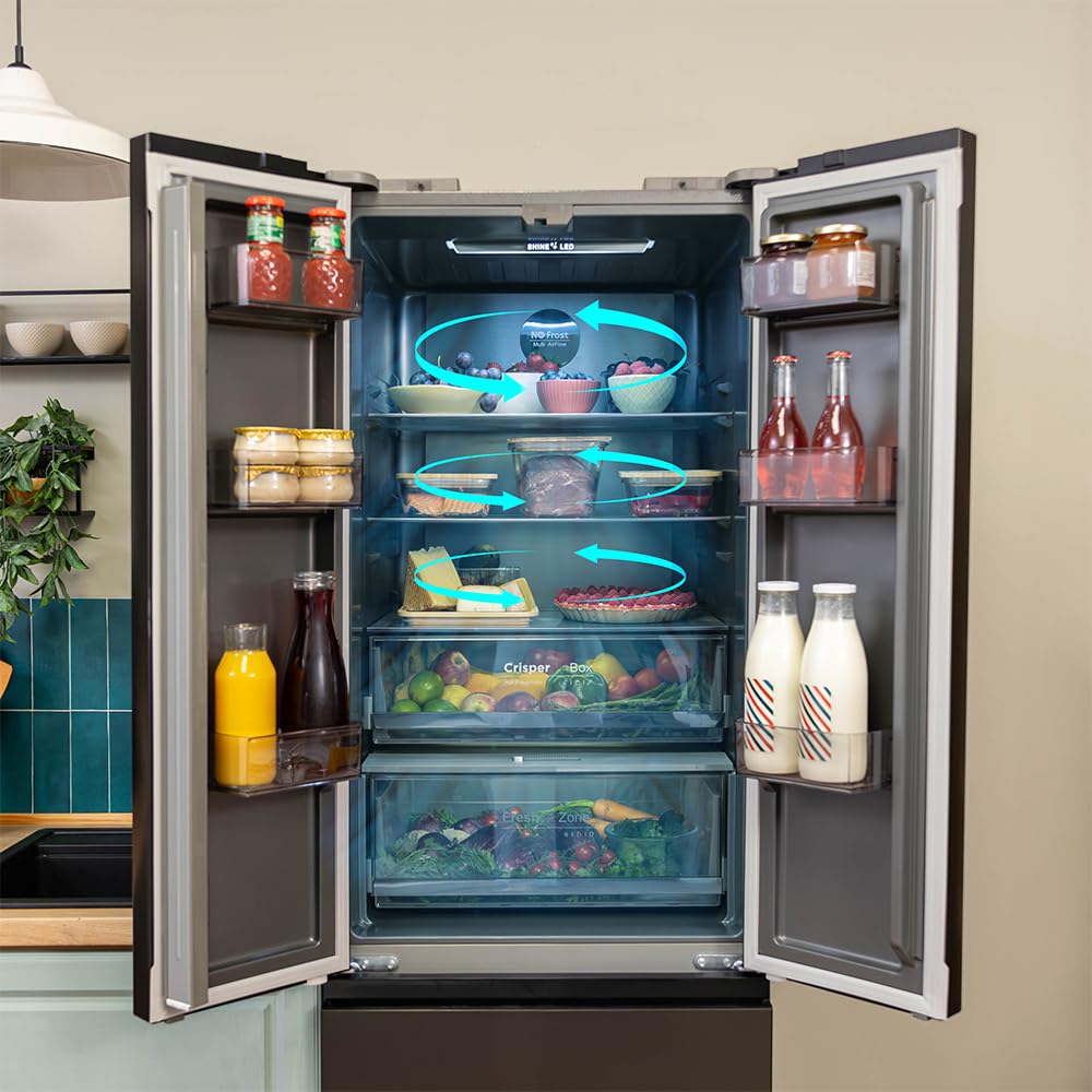 Cecotec Refrigerateur Congelateur 4 Portes Française Bolero CoolMarket Combi F2D 400 Dark E. Réfrigérateur 400L, inox foncé, NoFrost, MultiAirFlow, Inverter, mode ECO, bacs fruits et alarmes