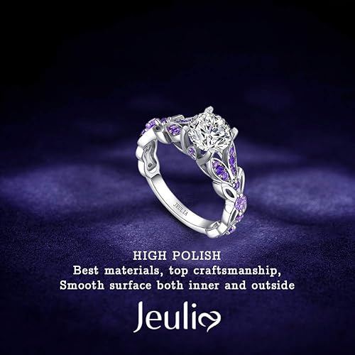 Vista 2 de Jeulia - Juego de anillos de mariposa de plata de ley personalizados de 4.3 quilates para mujer, corte redondo, amatista morada, anillo de boda