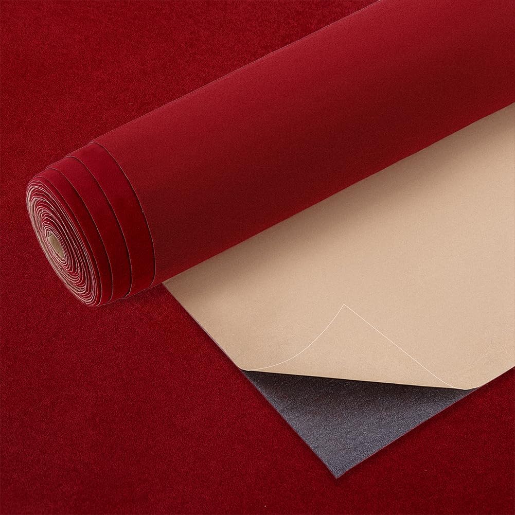 BENECREAT 4mx25cm Self Adhesive Velvet Fabric, 0.8mm Thick Dark Red Flock Liner Velvet Fabric for Jewelry Drawer Craft Fabric Upholstery Peel Sticker, 4m/bag