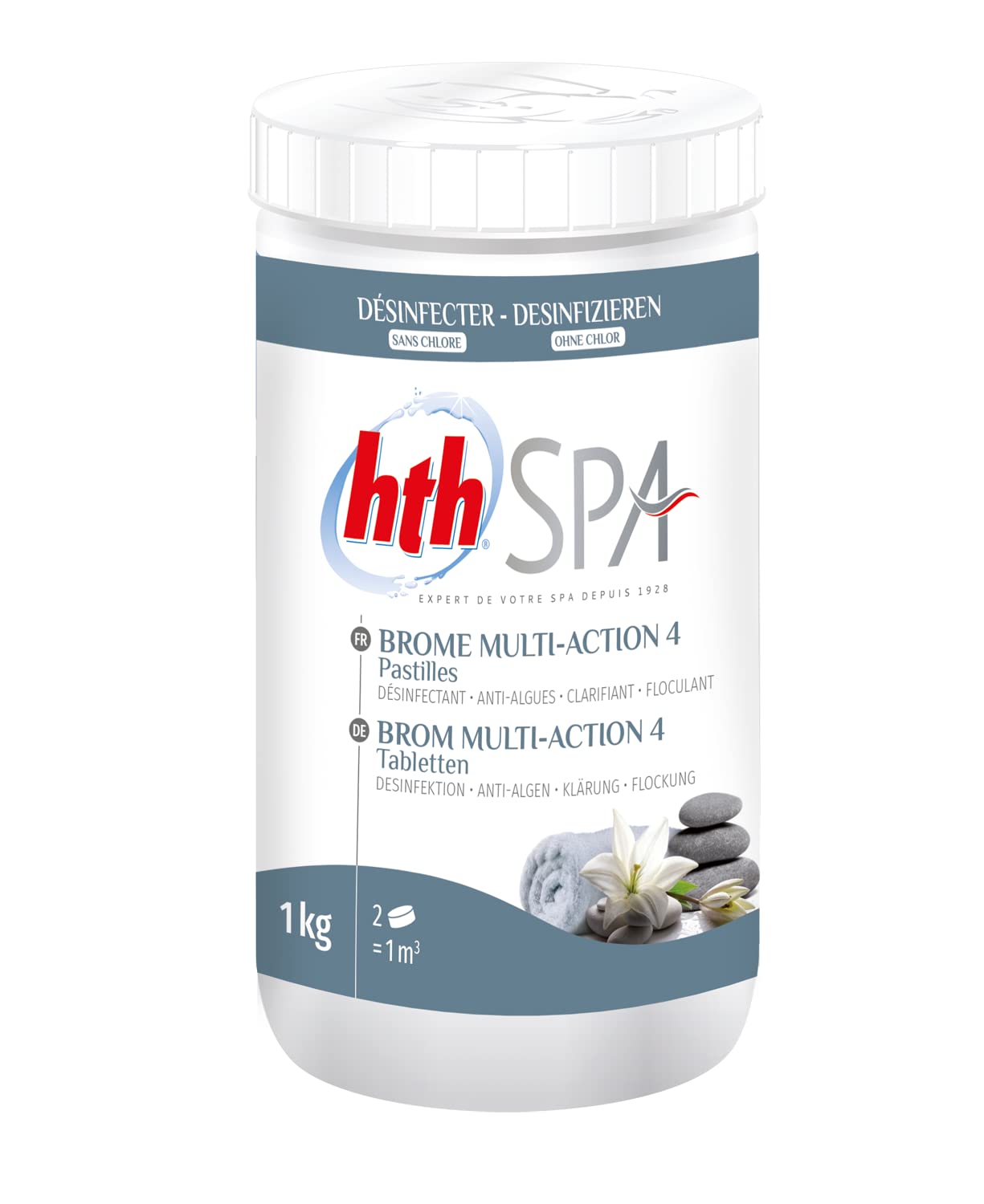 HTH Spa Brome Multi-Action 4 Pastilles 20g - 1kg | Brome Lent Multiaction - Désinfection Régulière Multifonction - Dissolution Lente + 10 Tests HPS OFFERTS 6 en 1