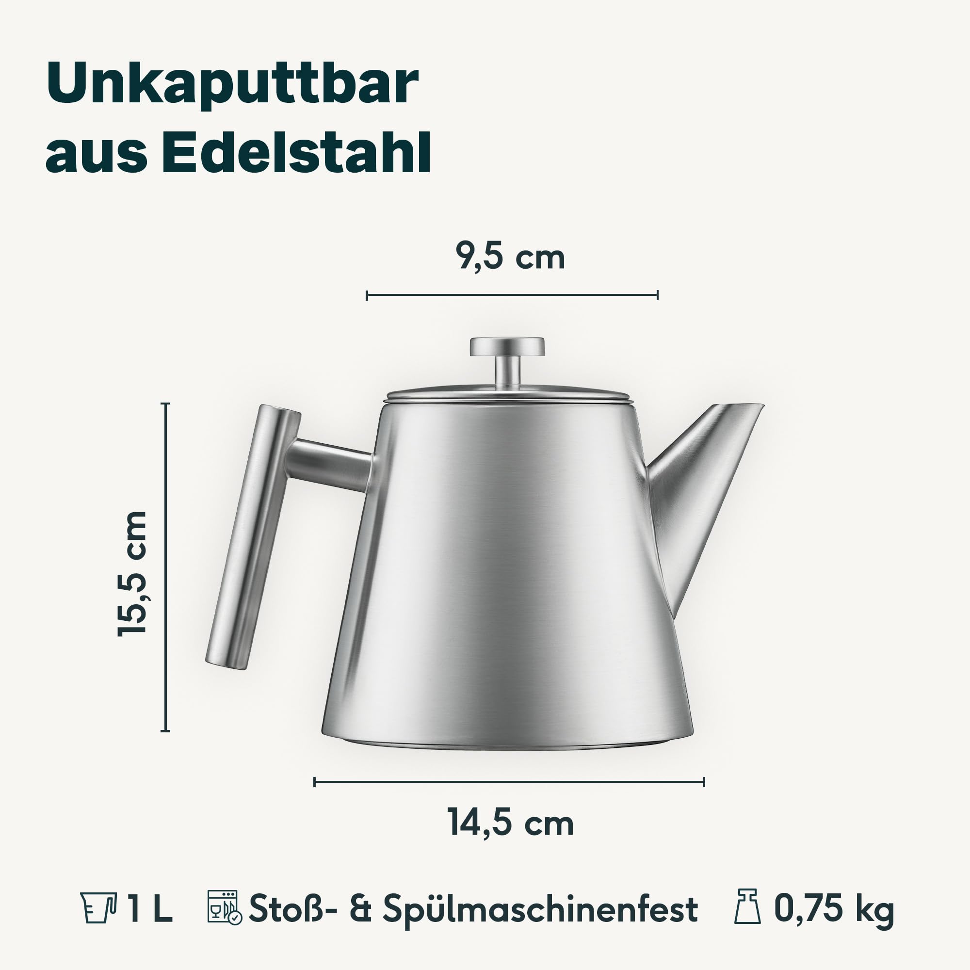 SILBERTHAL Teekanne mit Siebeinsatz (1L) Silber - Aus Edelstahl - Doppelwandige Kanne mit Deckel - Hält lange warm - Tee Geschenk