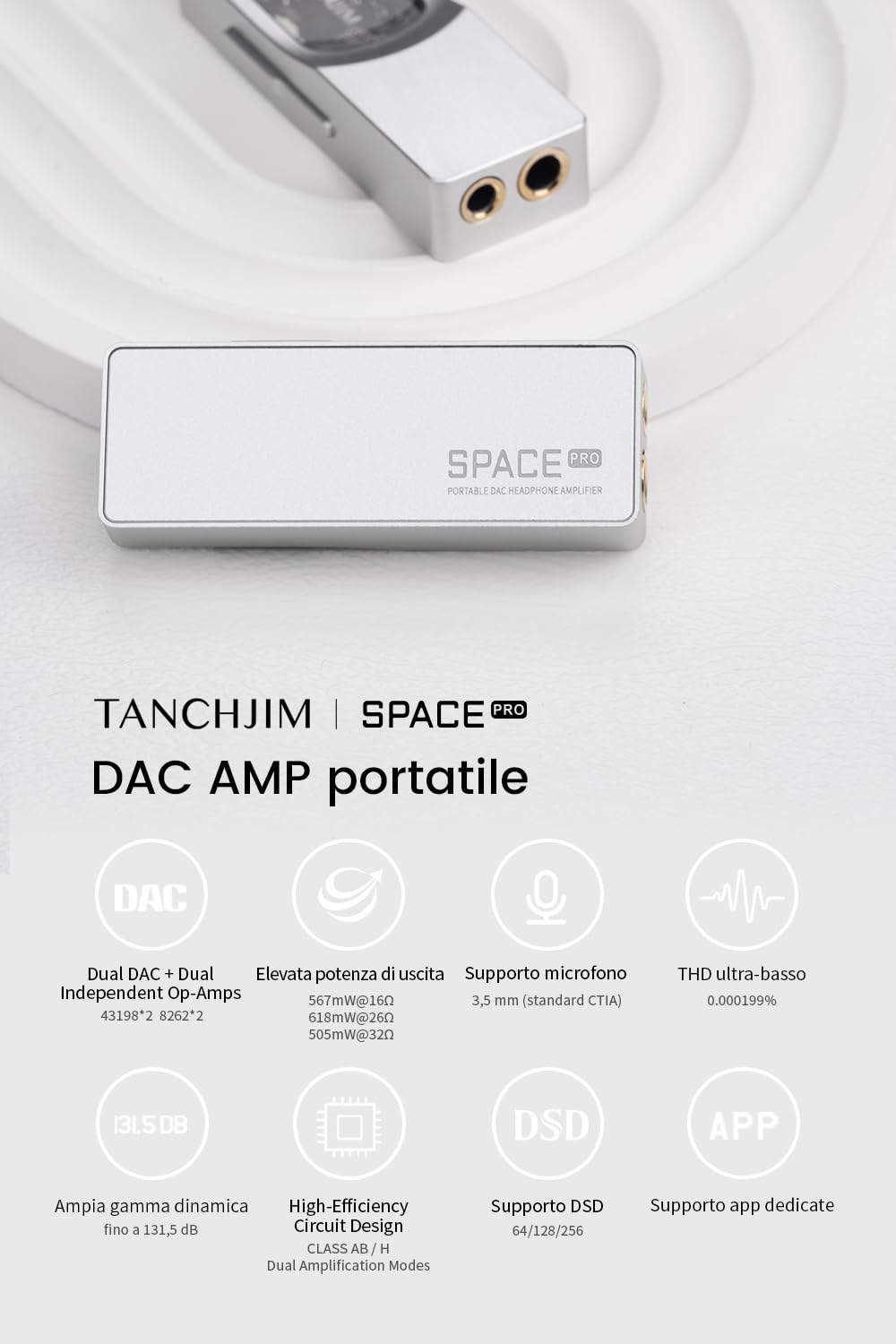 TANCHJIM SPACE PRO Amplificatore Cuffie, Doppio DAC CS43198, Amplificazione Indipendente, 618mW, Uscita 3.5/4.4mm, PCM768kHz DSD256, Gioco/Audio, Supporto Mic e Virtuale 5.1/7.1
