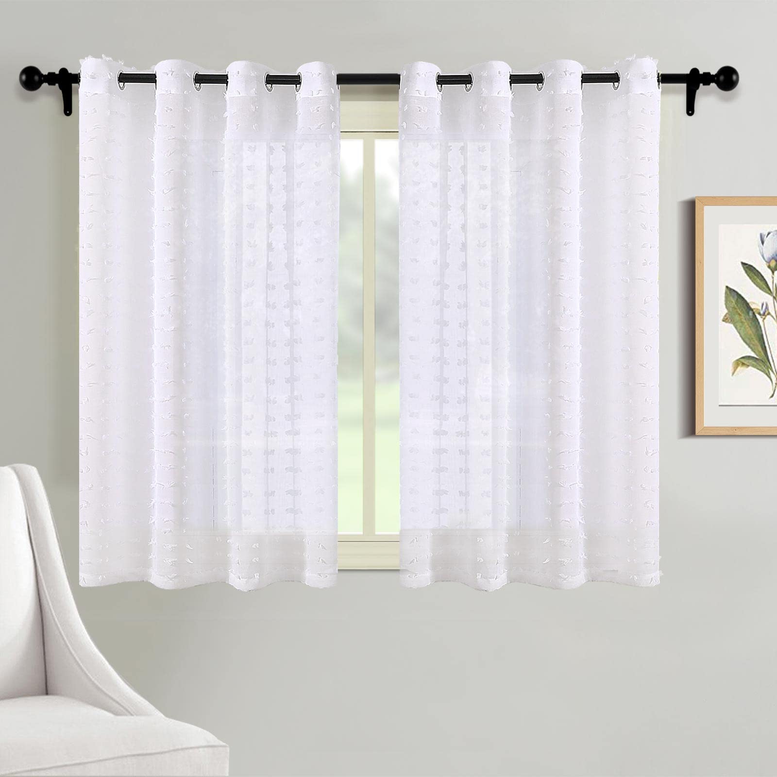 Short Pom Pom Curtains for Bathroom Kitchen Window 45 Inch Length 2 Panels Set Grommet White Sheer Curtain Country Boho Farmhouse Kids Room Decor Voile Gauze Like Drapes Window Treatments 52x45