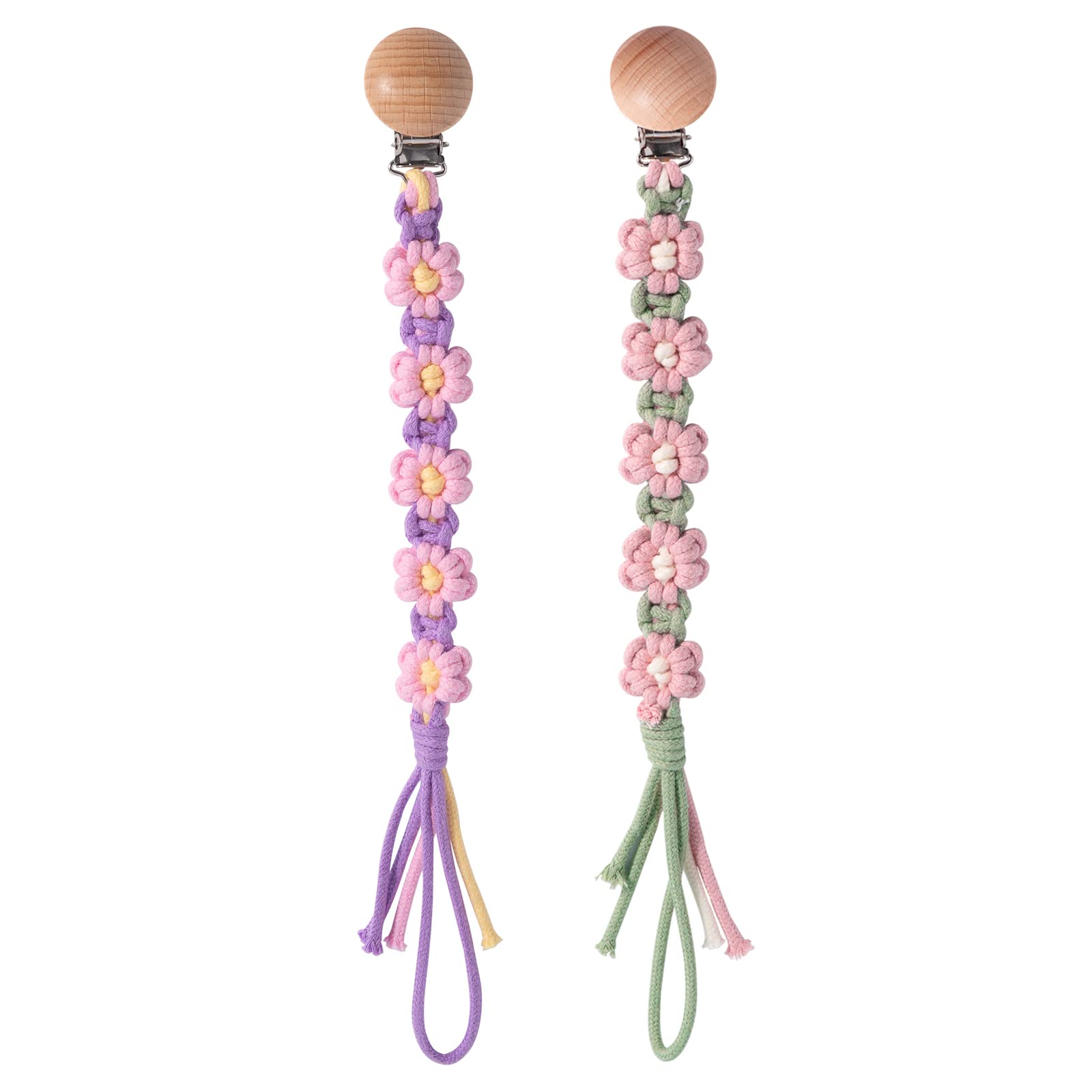 Symbolife Pacifier Clip for Boys Girls Floral Daisy Macrame Paci Clip Pacifier Holder Leash Boho Wooden Clips Handmade Braided Cotton Unisex Baby