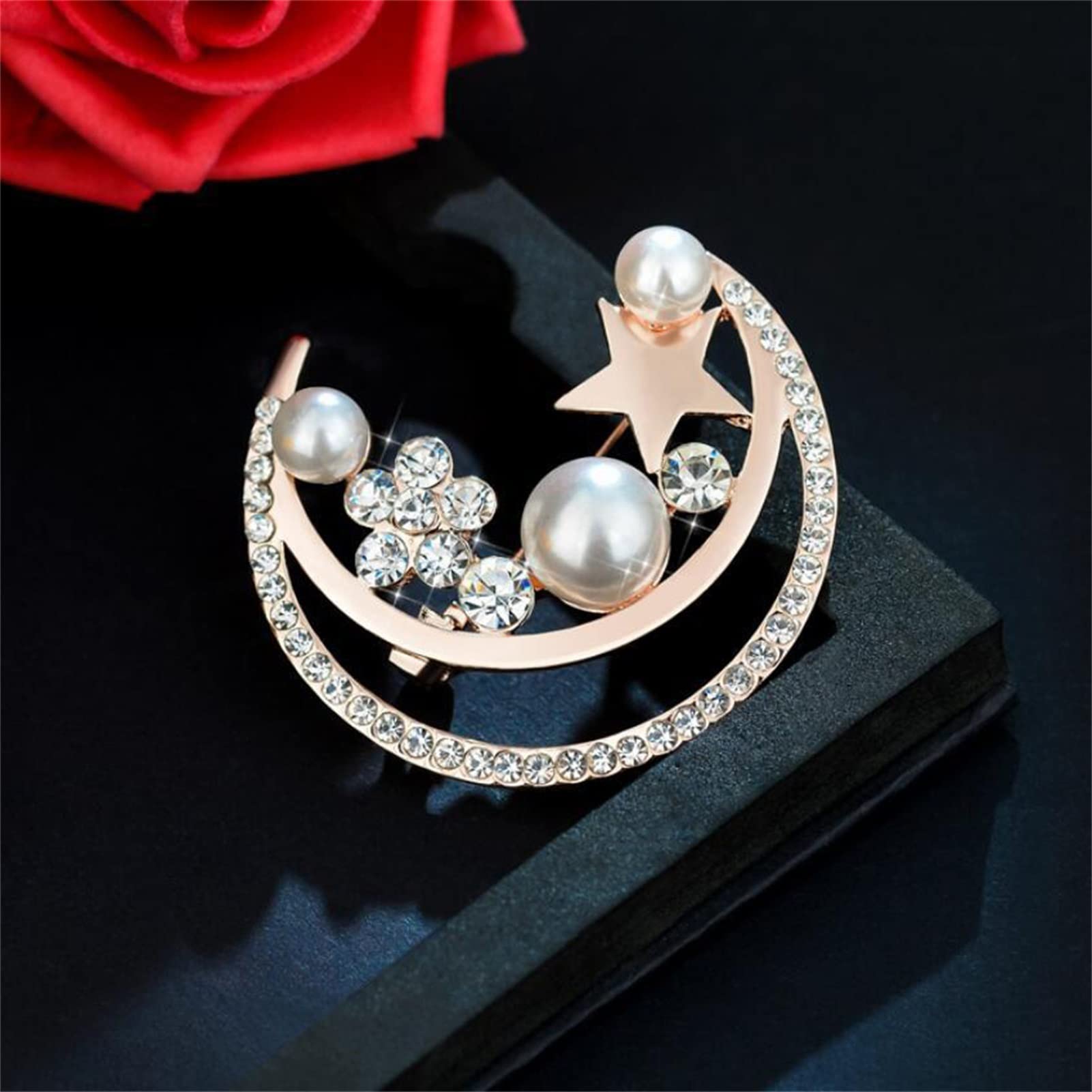 LYGXWJFC Spille Elegante Spilla con Strass Luna e Perla per Donna Spilla in con Mezzaluna e Stella, Gioielli di