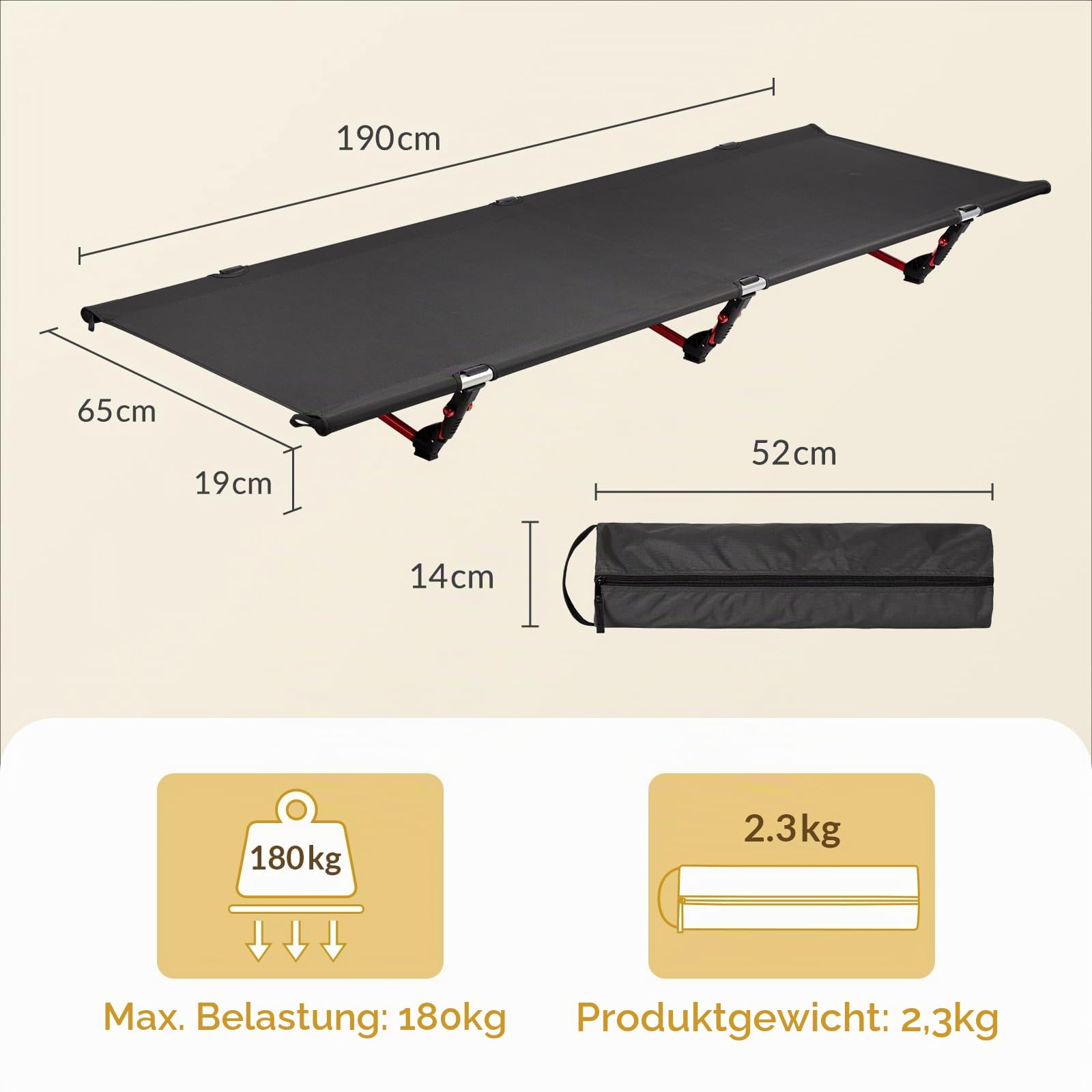 Leogreen Ultra Leichtes Feldbett Upgrade Campingbett Klappbett Schwarz | 190 x 65 x 19 cm, Belastbarkeit bis 180kg, für Outdoor-Reisen, Wandern, Bergsteigen, leichte Rucksackreisen